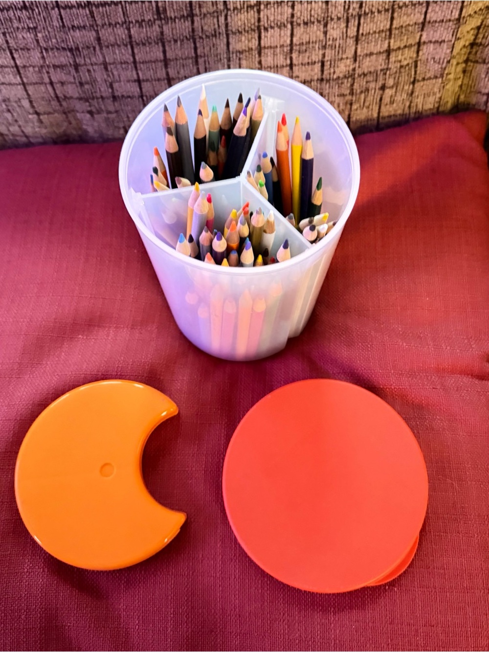 Vintage Tupperware 3-in-1 Divided Canister (Model #5878) with colored pencils